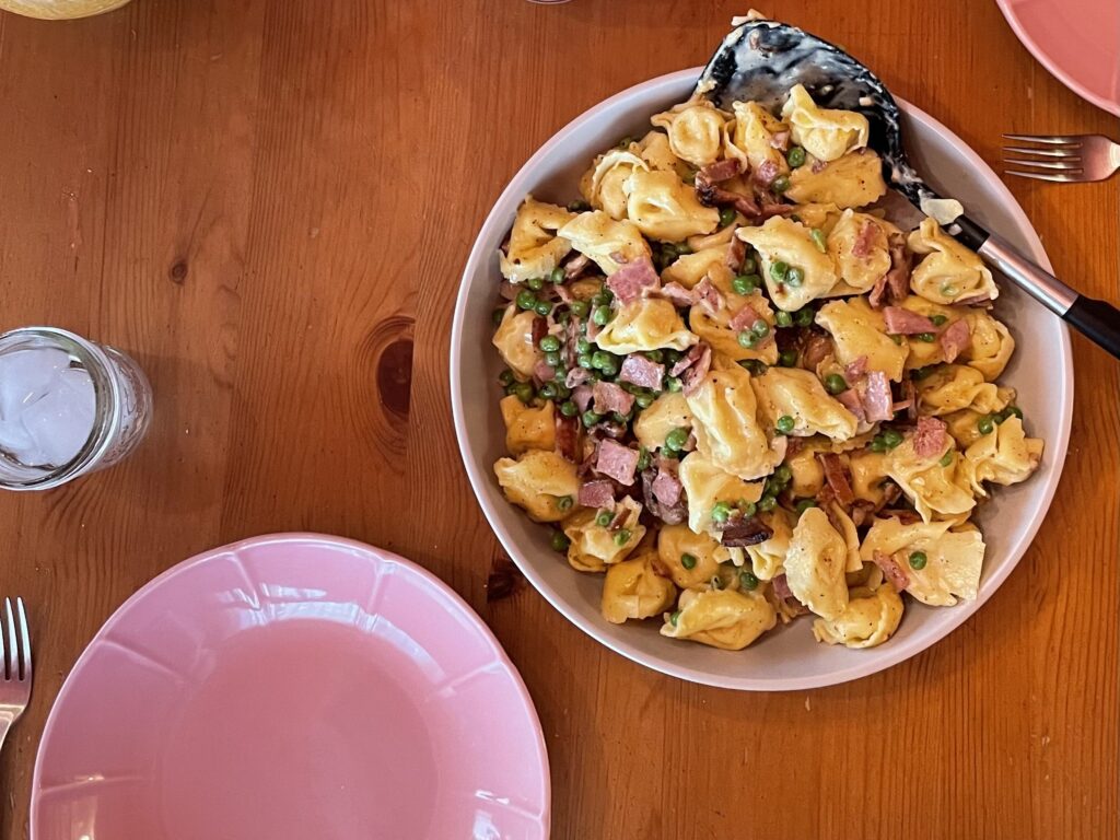 Tortellini, Peas, and Bacon with Carbonara Sauce